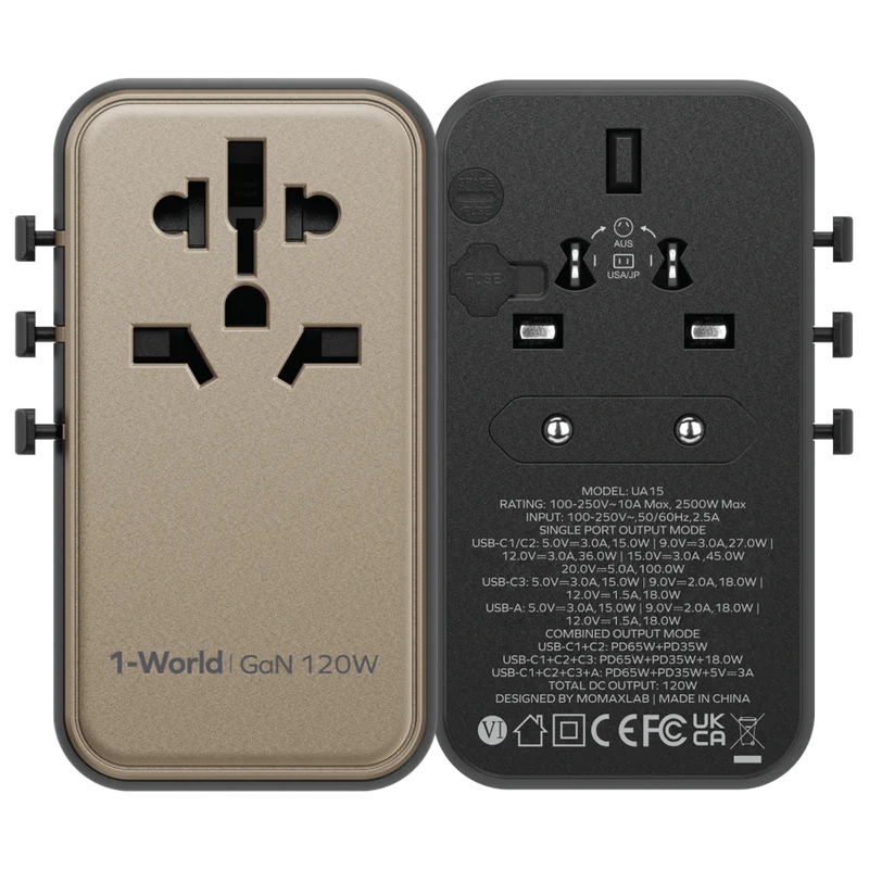 شاحن سفر من Momax 1-World GaN بقدرة 120 واط مع 4 منافذ + محول كهرباء | أسود شاحن سفر من Momax 1-World GaN بقدرة 120 واط مع 4 منافذ + محول كهرباء | أسود